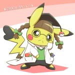  :&lt; adjusting_eyewear bangs blunt_bangs brown_hair closed_mouth clothed_pokemon commentary cosplay_pikachu eyelashes full_body glasses green_ribbon green_vest hair_ribbon hand_up hat hatted_pokemon highres labcoat no_humans pants pikachu pikachu_phd pokemon pokemon_(creature) ribbon round_eyewear shoes solo split_mouth standing twintails vest yoshio_(yoshi00000091) 