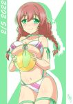  1girl absurdres ball bikini birthday blush braid breasts brown_hair bunji collarbone commentary dated emma_verde eyebrows_visible_through_hair freckles green_background green_eyes highres holding holding_ball large_breasts long_hair looking_at_viewer love_live! love_live!_nijigasaki_high_school_idol_club shiny shiny_skin smile solo swimsuit twin_braids two-tone_background under_boob white_background 