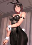  1girl black_legwear bow bowtie breasts brown_eyes brown_hair colored_inner_hair highres kilye_kairi looking_at_viewer medium_breasts medium_hair mole mole_under_eye multicolored_hair original pantyhose playboy_bunny rabbit_tail redhead smile solo tail wrist_cuffs 