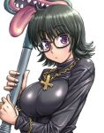  1girl amania_orz black_hair breasts closed_mouth cross cross_necklace glasses hunter_x_hunter jewelry large_breasts looking_at_viewer necklace shizuku_(hunter_x_hunter) short_hair simple_background solo tongue turtleneck vacuum_cleaner violet_eyes white_background 