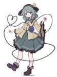  1girl absurdres bangs blue_eyes blush_stickers boots bow closed_mouth eyebrows_behind_hair flat_chest full_body green_hair green_skirt hand_up hat hat_bow heart heart_of_string highres kame_(kamepan44231) komeiji_koishi light_smile long_sleeves looking_at_viewer medium_hair one-hour_drawing_challenge petticoat shirt simple_background skirt solo standing standing_on_one_leg third_eye touhou white_background wide_sleeves yellow_bow yellow_shirt 