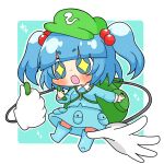  +_+ 1girl :d aqua_background backpack bag bangs blue_footwear blue_hair blue_jacket blue_skirt blunt_bangs boots border cucumber eyebrows_visible_through_hair flat_cap food full_body green_bag green_headwear hair_bobbles hair_ornament hat holding holding_food jacket kawashiro_nitori key long_sleeves looking_at_viewer mechanical_arms momomomilk open_mouth pocket rubber_boots short_eyebrows short_hair skirt smile solo star_(symbol) touhou two_side_up white_border 