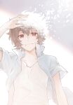  1boy arm_at_side arm_up bangs brown_hair closed_mouth collarbone collared_shirt disappear dissolving dress_shirt glowing grey_background grey_hair hetalia38 kuga_yuuma looking_at_viewer open_clothes open_shirt popped_collar rainbow salute shirt short_hair smile t-shirt undershirt upper_body white_hair world_trigger 