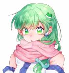  1girl :o bad_id bad_twitter_id bangs bare_shoulders breasts breath cold eyebrows_visible_through_hair eyelashes face frog_hair_ornament green_eyes green_hair hair_ornament hair_tubes highres kochiya_sanae long_hair medium_breasts nontraditional_miko open_mouth pink_scarf scarf sibata_maru simple_background snake_hair_ornament touhou vest white_background white_sleeves white_vest 
