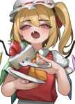  1girl blonde_hair cake fang flandre_scarlet food fruit hat highres open_mouth puffy_short_sleeves puffy_sleeves rabbit_(wlsdnjs950) red_eyes red_vest ribbon shirt short_hair short_sleeves side_ponytail simple_background solo strawberry touhou vest white_background white_shirt wings 