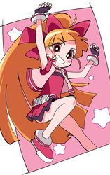  1girl akazutsumi_momoko arms_up black_gloves blush_stickers bow commentary_request fingerless_gloves gloves grin hair_bow hyper_blossom ixy legs long_hair looking_at_viewer orange_hair pink_background ponytail powerpuff_girls_z red_bow red_eyes red_footwear red_skirt shoes simple_background skirt smile solo teeth two-tone_background very_long_hair white_background 