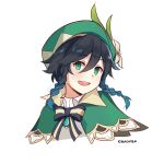  1boy androgynous aqua_eyes aqua_hair bangs bard beret black_hair blue_eyes blue_hair braid cape commission flower genshin_impact gradient_hair green_eyes green_headwear hair_ornament hat kibashiba long_sleeves looking_at_viewer male_focus multicolored_hair open_mouth short_hair_with_long_locks simple_background smile solo twin_braids twitter_username venti_(genshin_impact) white_background white_flower 