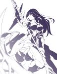  1girl absurdres alice_gear_aegis bangs boots breasts highres holding holding_scythe ishiyumi kagome_misaki large_breasts leotard long_hair looking_to_the_side mecha_musume metal_boots mole mole_under_eye monochrome science_fiction scythe solo spot_color thigh-highs thigh_boots violet_eyes white_background 