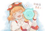  1girl blonde_hair blush breasts closed_eyes fish goggles goggles_on_head hat head_tilt heart hela_goldfish highres idconnect+ pale_skin short_hair smile tanakarice translation_request 