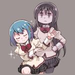  2girls akemi_homura alternate_breast_size arm_at_side arm_under_breasts beige_vest black_eyes black_hair black_legwear black_skirt blue_hair blush blush_stickers bowing breasts brown_background closed_eyes cowboy_shot es_(eisis) eyebrows_visible_through_hair hair_ornament hairclip hand_on_hip hand_up hatching_(texture) highres jitome knees leaning_forward linear_hatching long_hair long_sleeves looking_up mahou_shoujo_madoka_magica medium_breasts medium_hair miki_sayaka mitakihara_school_uniform multiple_girls pantyhose plaid plaid_skirt pleated_skirt puffy_long_sleeves puffy_sleeves school_uniform shaded_face shiny shiny_hair shirt sidelocks simple_background skirt sleeve_cuffs smile sparkle standing triangle_mouth white_shirt 