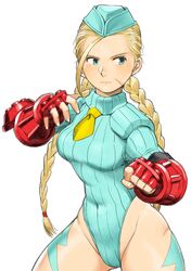  1girl blonde_hair blue_eyes blue_leotard bodypaint braid breasts cammy_white cowboy_shot facing_viewer fingerless_gloves garrison_cap gloves hat highleg highleg_leotard highres leotard long_hair looking_to_the_side medium_breasts necktie red_gloves ribbed_leotard shadaloo_dolls shigenobu sideways_glance simple_background solo street_fighter street_fighter_zero_(series) twin_braids white_background yellow_necktie 