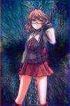  1girl :| abstract_background absurdres adjusting_hair ahoge arm_at_side black_legwear black_vest border brown_eyes brown_hair buttons closed_mouth collared_shirt commentary eyebrows_behind_hair feet_out_of_frame glasses hand_up highres katari kneehighs long_sleeves looking_to_the_side medium_hair miniskirt neckerchief no_hat no_headwear red_neckerchief red_skirt school_uniform semi-rimless_eyewear shirt signature skirt solo standing star_(symbol) touhou usami_sumireko vest wavy_hair white_shirt 