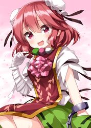  1girl bandaged_arm bandages blush chain cuffs dango double_bun eyebrows_visible_through_hair feet_out_of_frame flower food green_skirt hair_between_eyes highres holding holding_food ibaraki_kasen open_mouth pink_eyes pink_flower pink_hair pink_rose rose ruu_(tksymkw) shackles shirt short_hair short_sleeves skirt solo tabard touhou wagashi white_shirt 