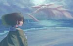  1girl ahoge aqua_eyes bangs closed_mouth clouds cloudy_sky dark_green_hair floating_hair green_jacket jacket kaijuu long_sleeves ocean original outdoors short_hair sky vaison water 