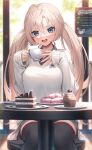  1girl antenna_hair bangs black_legwear blonde_hair blue_eyes blurry blush breasts cake cake_slice cup cupcake depth_of_field dessert food grey_skirt hair_between_eyes highres indie_virtual_youtuber large_breasts long_hair long_sleeves looking_at_viewer macaron parted_lips sitting skirt smile solo suraimu_(suraimuraimu) sweater table teacup thigh-highs twintails virtual_youtuber white_sweater 