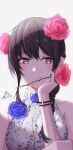  1girl bangs bare_shoulders black_hair blue_flower bracelet china_dress chinese_clothes closed_mouth dress eyebrows_visible_through_hair face floral_print flower hair_flower hair_ornament hair_over_shoulder hand_on_own_cheek hand_on_own_face highres holding holding_flower jewelry long_hair looking_at_viewer original pink_flower print_dress rose signature simple_background sleeveless sleeveless_dress smile solo wejil 