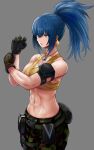  1girl abs adjusting_clothes adjusting_gloves bangs bare_shoulders blue_eyes blue_hair dog_tags earrings gloves grey_background highres jewelry leona_heidern ponytail shorts tank_top the_king_of_fighters the_king_of_fighters_xiv the_king_of_fighters_xv tomtom_h1 yellow_tank_top 