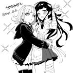  2girls :o apron bandaged_arm bandages bangs blush breasts danganronpa_(series) danganronpa_2:_goodbye_despair flipped_hair greyscale hood hood_down hug jacket large_breasts long_hair long_sleeves medium_hair miniskirt mole mole_under_eye monochrome multiple_girls nanami_chiaki neck_ribbon no_hair_ornament one_eye_closed open_clothes open_jacket pleated_skirt puffy_short_sleeves puffy_sleeves ribbon short_sleeves skirt tears teeth thigh-highs togi9999 translation_request tsumiki_mikan upper_teeth yuri zettai_ryouiki 