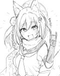  1girl :d animal_ear_fluff animal_ears bangs blue_archive blush braid breasts elbow_gloves eyebrows_visible_through_hair fang floral_print fox_ears fox_hair_ornament fox_shadow_puppet gloves greyscale hair_between_eyes halo hand_up highres izuna_(blue_archive) looking_at_viewer medium_breasts monochrome necktie nyakonro_(nekonro) partially_fingerless_gloves sailor_collar shirt simple_background sketch sleeveless sleeveless_shirt smile solo translation_request upper_body white_background 