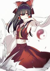  1girl absurdres arm_up armpits ascot bandages bandaid bangs bare_shoulders black_hair blood blood_on_face blood_on_hands bow breasts closed_mouth collared_shirt commentary_request detached_sleeves eyebrows_visible_through_hair frills hair_between_eyes hair_ornament hair_tubes hakurei_reimu hand_up highres ikasoba long_hair long_sleeves looking_to_the_side medium_breasts navel orb red_bow red_eyes red_shirt red_skirt shirt simple_background skirt solo standing touhou white_background white_skirt wide_sleeves yellow_ascot yin_yang yin_yang_orb 