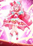  1girl :d apron boots bow choker cure_precious delicious_party_precure double_bun earrings flower frilled_apron frilled_hairband frills full_body gloves hair_bow hair_cones hair_flower hair_ornament hairband heart_brooch highres jewelry knee_boots layered_skirt long_hair looking_at_viewer magical_girl multicolored_clothes multicolored_skirt nagomi_yui open_mouth pink_background pink_bow pink_choker pink_hair pink_hairband pink_theme precure shiny shiny_hair skirt smile solo standing standing_on_one_leg tj-type1 two_side_up v violet_eyes white_apron white_footwear white_gloves 