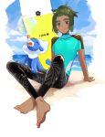 1boy alternate_costume arm_support barefoot beach bodysuit border bubble closed_mouth clouds commentary_request dark-skinned_male dark_skin day green_hair grey_eyes hau_(pokemon) looking_at_viewer male_focus ocean outdoors outside_border panco500 pokemon pokemon_(creature) pokemon_(game) pokemon_sm popplio sand shore short_hair sitting sky smile surfboard toes water wetsuit white_border 