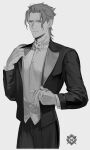  1boy ace_attorney alternate_costume ato_(ml_cc_g) barok_van_zieks bow bowtie closed_mouth formal gloves greyscale highres holding holding_clothes holding_gloves jacket long_sleeves male_focus monochrome pants scar scar_on_face shirt simple_background solo the_great_ace_attorney 