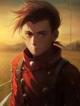  1boy brown_eyes brown_hair field highres jacket kazuko_(towa) lloyd_irving looking_at_viewer male_focus mountain red_jacket red_leather tales_of_(series) tales_of_symphonia tower tree 