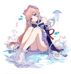  1girl absurdres bangs barefoot blonde_hair blue_eyes blush breasts closed_mouth feet fish genshin_impact gloves hair_ornament highres japanese_clothes jellyfish kimono knees_to_chest long_hair looking_at_viewer ribbon sangonomiya_kokomi sitting small_breasts smile solo thighs wet yajuu 