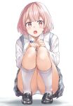  1girl backpack bag bangs black_footwear blush collared_shirt highres looking_at_viewer open_mouth original panties pantyshot pink_eyes pink_hair school_uniform shirt shoes short_hair simple_background skirt socks solo squatting underwear white_background white_legwear wing_(aiastor) 