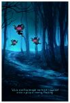  bare_tree border commentary english_text floating forest glowing glowing_eyes highres inktober james_turner looking_at_viewer nature night no_humans outdoors path phantump pink_eyes pokemon pokemon_(creature) tree white_border 
