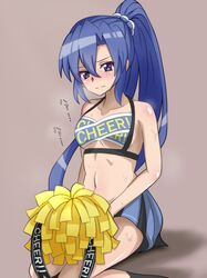  1girl absurdres bangs black_legwear blue_eyes blue_hair blush breasts cheerleader closed_mouth collarbone grey_background hair_between_eyes halterneck high_ponytail highres kazanari_tsubasa kneehighs long_hair medium_breasts miniskirt navel pepe3939 pleated_skirt pom_pom_(cheerleading) senki_zesshou_symphogear shiny shiny_hair shiny_skin sitting skirt solo under_boob very_long_hair 