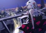  1girl artist_name bangs bare_shoulders black_dress black_gloves blurry blurry_background building city_lights cityscape cyue dress flower gloves hair_flower hair_ornament highres honkai_(series) honkai_impact_3rd looking_at_viewer looking_back night night_sky open_mouth outdoors painttool_sai_(medium) red_eyes red_flower red_rose rose sky solo strapless strapless_dress theresa_apocalypse theresa_apocalypse_(luna_kindred) twintails white_hair 