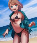 1girl :d absurdres bangs beach bikini black_bikini blue_eyes blue_jacket blurry blush breasts brown_hair contrapposto cowboy_shot day depth_of_field dutch_angle front-tie_bikini front-tie_top highres horizon jacket looking_at_viewer navel ocean open_clothes open_jacket open_mouth original outdoors side-tie_bikini signature small_breasts smile solo standing string_bikini swimsuit track_jacket tsukino_miyako under_boob unzipped 