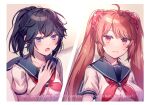  2girls ahoge aicedrop ayano_aishi black_hair blue_eyes blush breasts collarbone commentary english_text hair_ornament hair_scrunchie hand_on_own_chest large_breasts long_hair multiple_girls open_mouth osana_najimi_(yandere_simulator) ponytail red_eyes redhead school_uniform scrunchie serafuku signature subtitled sweatdrop twintails yandere_simulator 