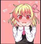  ! !? 1girl ascot bangs beads black_vest blonde_hair blush collared_shirt commentary_request embarrassed eyelashes flying_sweatdrops hair_ribbon hands_on_own_face long_sleeves looking_at_viewer newsyamonabe nose_blush open_mouth pink_background red_ascot red_ribbon ribbon rumia shirt short_hair simple_background solo standing sweatdrop tongue touhou vest white_shirt wide-eyed wing_collar 