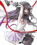  1girl akemi_homura argyle argyle_legwear arms_behind_back arms_up black_hair black_hairband black_legwear commentary frilled_skirt frills gun hairband holding holding_gun holding_weapon long_sleeves looking_at_viewer magical_girl mahou_shoujo_madoka_magica pantyhose purple_ribbon purple_skirt red-framed_eyewear red_ribbon rekoku ribbon shirt skirt solo translated violet_eyes weapon white_shirt 