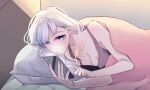  1girl bed blue_eyes blush breasts demon_girl demon_horns horns idconnect+ looking_at_phone looking_down lying mole mole_under_eye on_side phone pointy_ears rerei rerei_(artist) tank_top under_covers white_hair 
