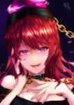  1girl bangs bare_shoulders black_choker black_shirt blush buckle chain choker collarbone commentary_request ear_piercing earrings eyelashes fangs gold_chain hand_on_own_face head_tilt hecatia_lapislazuli highres jewelry legacy_of_lunatic_kingdom looking_at_viewer lower_teeth medium_hair mononobe_kanako off-shoulder_shirt off_shoulder open_mouth parted_lips piercing polos_crown profile red_eyes red_nails redhead shiny shiny_hair shirt sidelocks solo teeth touhou upper_teeth 