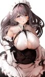  1girl apron azur_lane bangs bare_shoulders blush breasts charybdis_(azur_lane) clothing_cutout commentary_request dress eyebrows_visible_through_hair gloves grey_eyes grey_hair large_breasts long_hair looking_at_viewer maid_headdress raru_(nanaharararu) sleeveless solo underboob_cutout white_gloves 