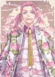  1boy bangs blue_eyes collared_shirt dress_shirt floral_print flower jacket jacket_on_shoulders long_hair looking_at_viewer male_focus necktie parted_lips pink_flower pink_hair pink_shirt ponytail sanzu_haruchiyo sasakura34 scar scar_on_face shirt solo tokyo_revengers upper_body white_jacket yellow_necktie 