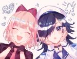  2girls blush bow closed_eyes dress freckles hat head_rest looking_at_viewer maibow multiple_girls pale_skin pink_hair purple_hair rantick ribbon sailor_dress sailor_hat sailor_ribbon tsukonin_p violet_eyes virtual_youtuber 