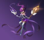  absurdres bangs bare_shoulders blue_eyes breasts dress duoduo_luo_di_guowang elbow_gloves gloves gradient gradient_background hair_ornament high_heels highres holding holding_staff janna_(league_of_legends) large_breasts league_of_legends long_hair magical_girl official_alternate_costume pointy_ears purple_dress purple_hair staff star_(symbol) star_guardian_(league_of_legends) star_guardian_janna thigh-highs white_dress white_legwear 