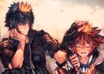 2boys age_difference commentary_request crown final_fantasy final_fantasy_xv headpat kingdom_hearts kvover_(applebloom) male_focus multiple_boys muscular muscular_male noctis_lucis_caelum one_eye_closed smile sora_(kingdom_hearts) teeth