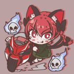  1girl animal_ear_fluff animal_ears black_bow blush bow cat_ears cat_tail dnk dress dust extra_ears flaming_skull floating_skull focused ghost green_dress ground_vehicle hitodama kaenbyou_rin motor_vehicle motorcycle multiple_tails pink_background red_background red_eyes redhead riding shadow skull solo tail tongue tongue_out touhou two_tails 