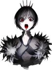  1girl absurdres bangs black_clover black_hair blood blood_from_mouth breasts brown_vest chest_harness eyebrows_visible_through_hair face facial_mark finger_to_tongue frit_2 fur_trim gem hands_up harness high_collar highres jacket long_bangs looking_at_viewer open_clothes open_jacket open_mouth parted_bangs raised_eyebrows red_eyes sanpaku short_hair simple_background solo teeth tiara upper_teeth vanica_zogratis vest white_background 