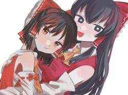  2girls :d :t ascot bangs black_eyes black_hair blush bow breasts bright_pupils brown_eyes closed_mouth collared_shirt commentary_request cookie_(touhou) detached_sleeves dutch_angle frilled_bow frilled_hair_tubes frills hair_bow hair_tubes hakurei_reimu hirunebu_oekaki hug long_hair looking_at_viewer medium_breasts multiple_girls open_mouth red_bow red_shirt sananana_(cookie) sarashi shinonome_(cookie) shirt short_hair simple_background sleeve_bow sleeveless sleeveless_shirt smile touhou upper_body white_background white_pupils white_shirt white_sleeves yellow_ascot 