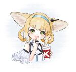  1girl :d absurdres animal_ear_fluff animal_ears arknights artist_request bangs bare_shoulders blonde_hair blue_hairband braid commentary_request cropped_torso cup disposable_cup fang food food_on_face fox_ears hair_rings hairband hands_up highres holding holding_cup long_hair looking_at_viewer multicolored_hair shirt simple_background smile solo streaked_hair suzuran_(arknights) twin_braids upper_body white_background white_hair white_shirt 