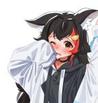  1girl animal_ear_fluff animal_ears bangs black_choker black_hair blush brown_eyes choker commentary_request daichi_(daichi_catcat) drawstring hair_ornament hairclip highres hololive hood hood_down long_hair long_sleeves looking_at_viewer multicolored_hair one_eye_closed ookami_mio open_mouth redhead simple_background sleeves_past_fingers sleeves_past_wrists solo streaked_hair two-tone_hoodie upper_body virtual_youtuber white_background wolf_ears 