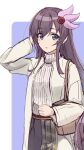  1girl alternate_costume bag brown_hair coat commentary_request cowboy_shot hair_ornament handbag highres kantai_collection kisaragi_(kancolle) long_hair looking_at_viewer minosu ribbed_sweater solo standing sweater unfinished violet_eyes white_coat white_sweater 
